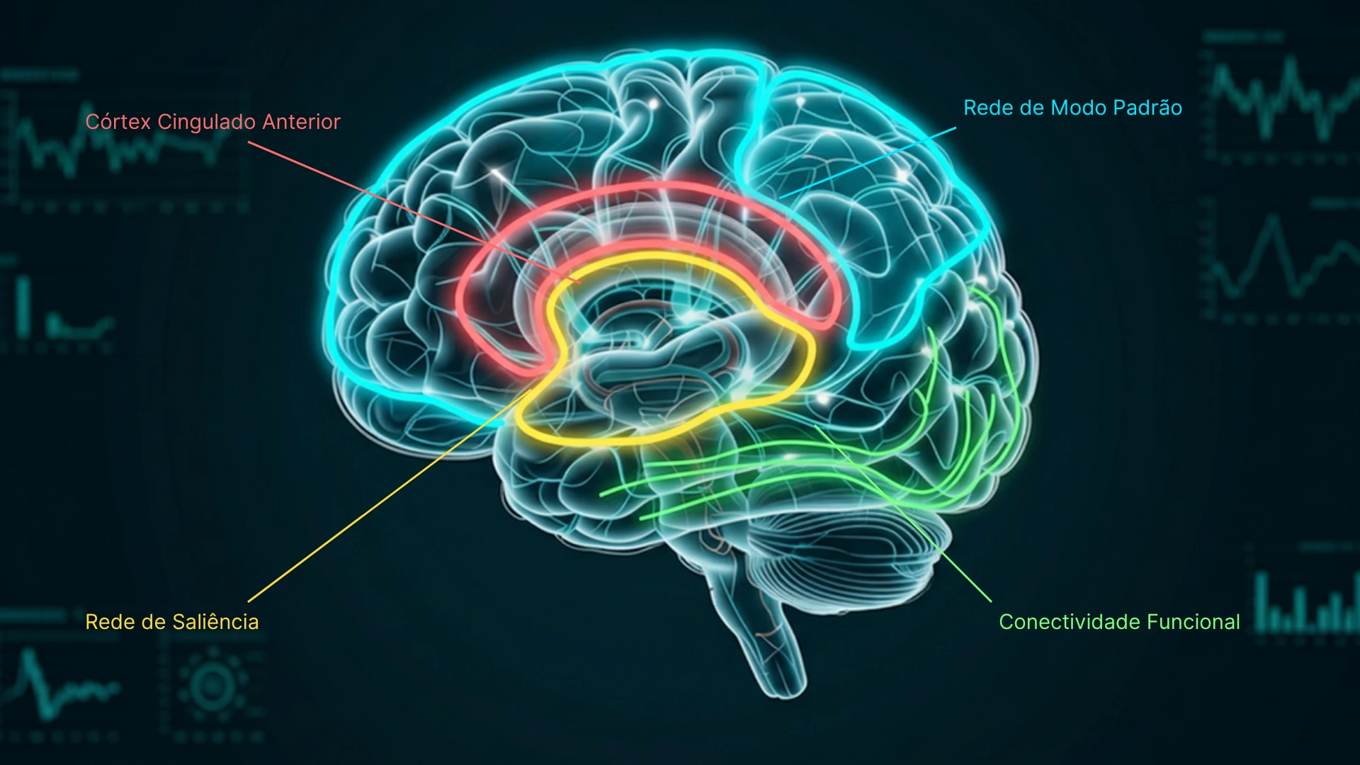 Representação científica das redes cerebrais envolvidas na hipnose e na construção da experiência subjetiva.