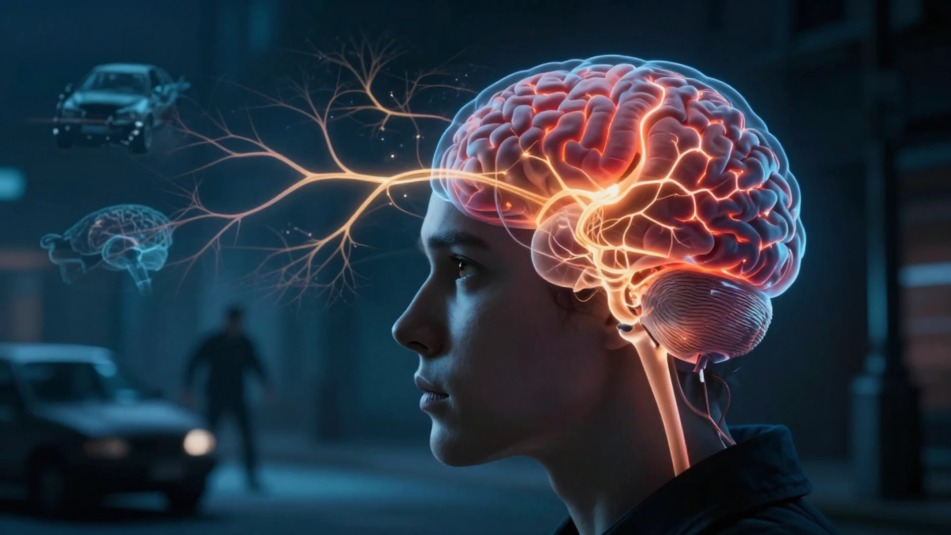 Representação científica mostrando sistemas cerebrais envolvidos na detecção e aprendizagem de ameaças.