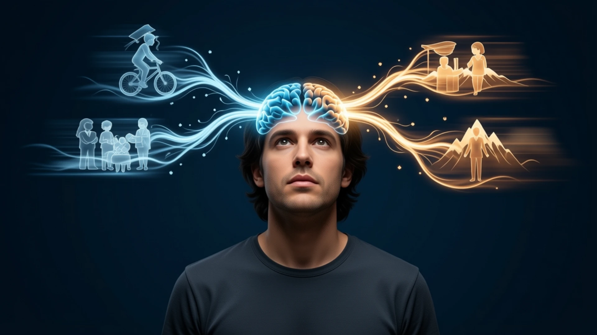 Representação científica mostrando a integração entre memória, presente e antecipação do futuro na construção do tempo psicológico.