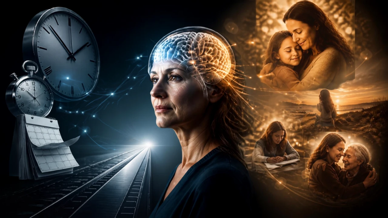 Representação científica mostrando a diferença entre a passagem objetiva do tempo e a experiência emocional subjetiva.